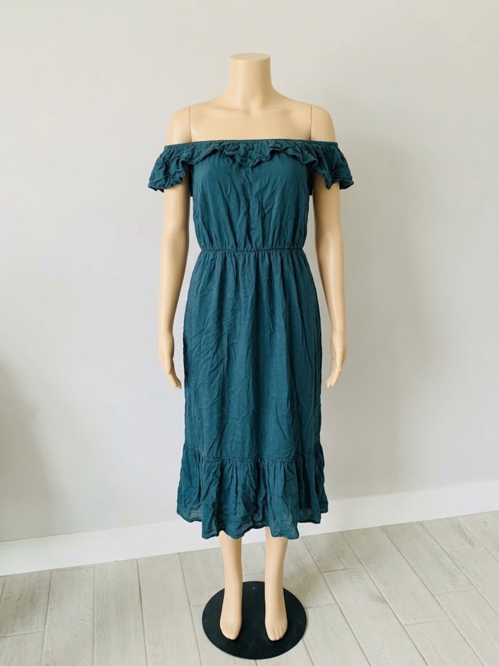 Old Navy Womens M Dark Green Off Shoulder Ruffle Midi Dress Cotton Blend Casual